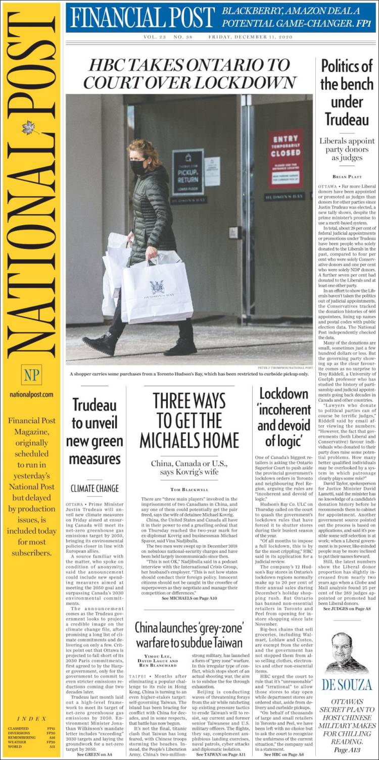 Portada de The National Post (Canadá)