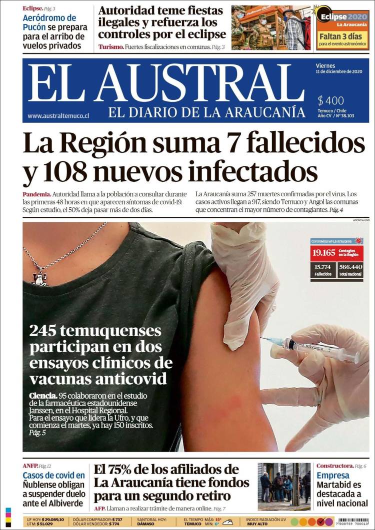 Portada de El Austral de Temuco (Chile)