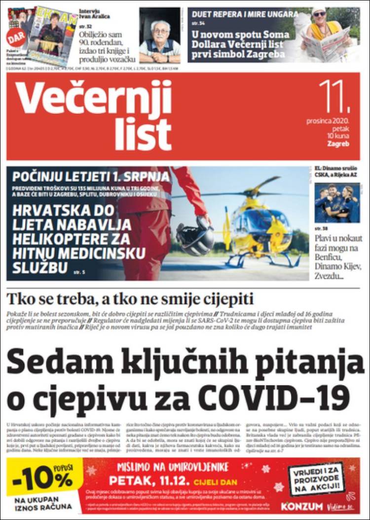 Portada de Večernji (Croacia)