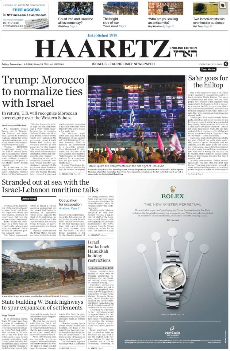 Portada de Haaretz (Israel)