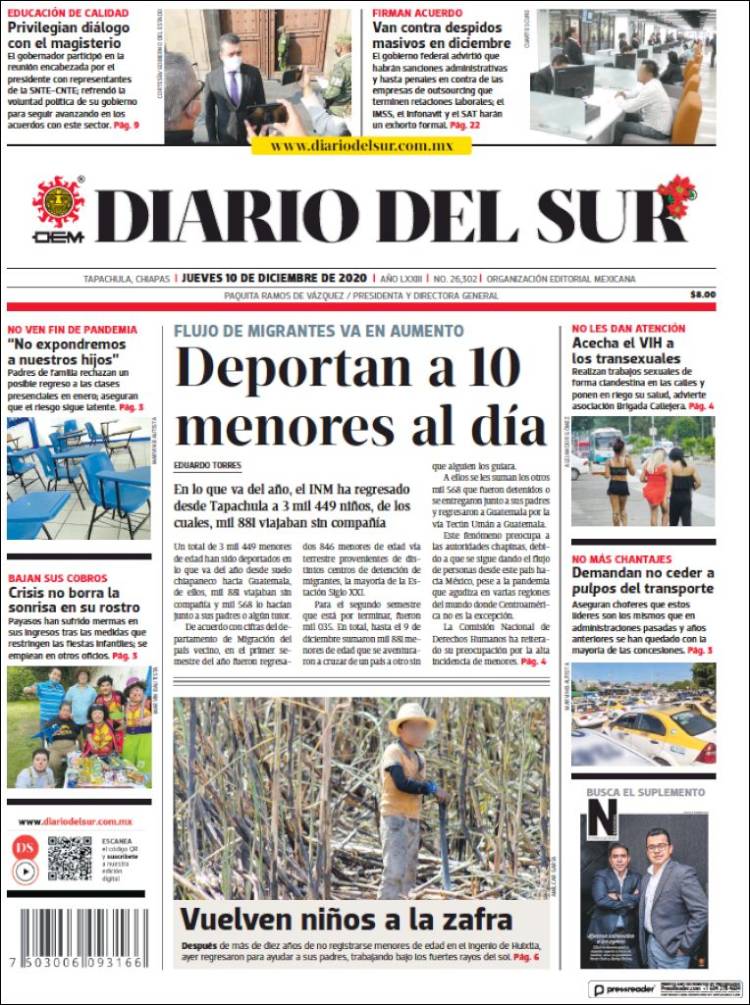 Portada de El Diario del Sur (México)