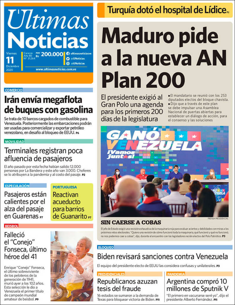 Portada de Últimas Noticias (Venezuela)