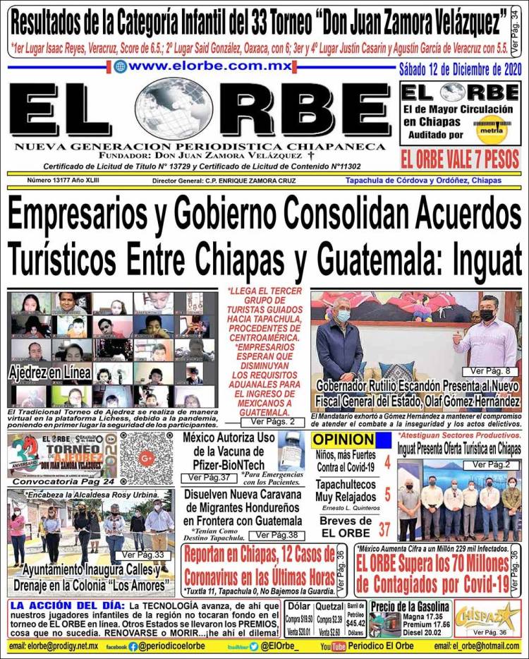 Periódico El Orbe (México). Periódicos de México. Edición de sábado, 12 de  diciembre de 2020. 
