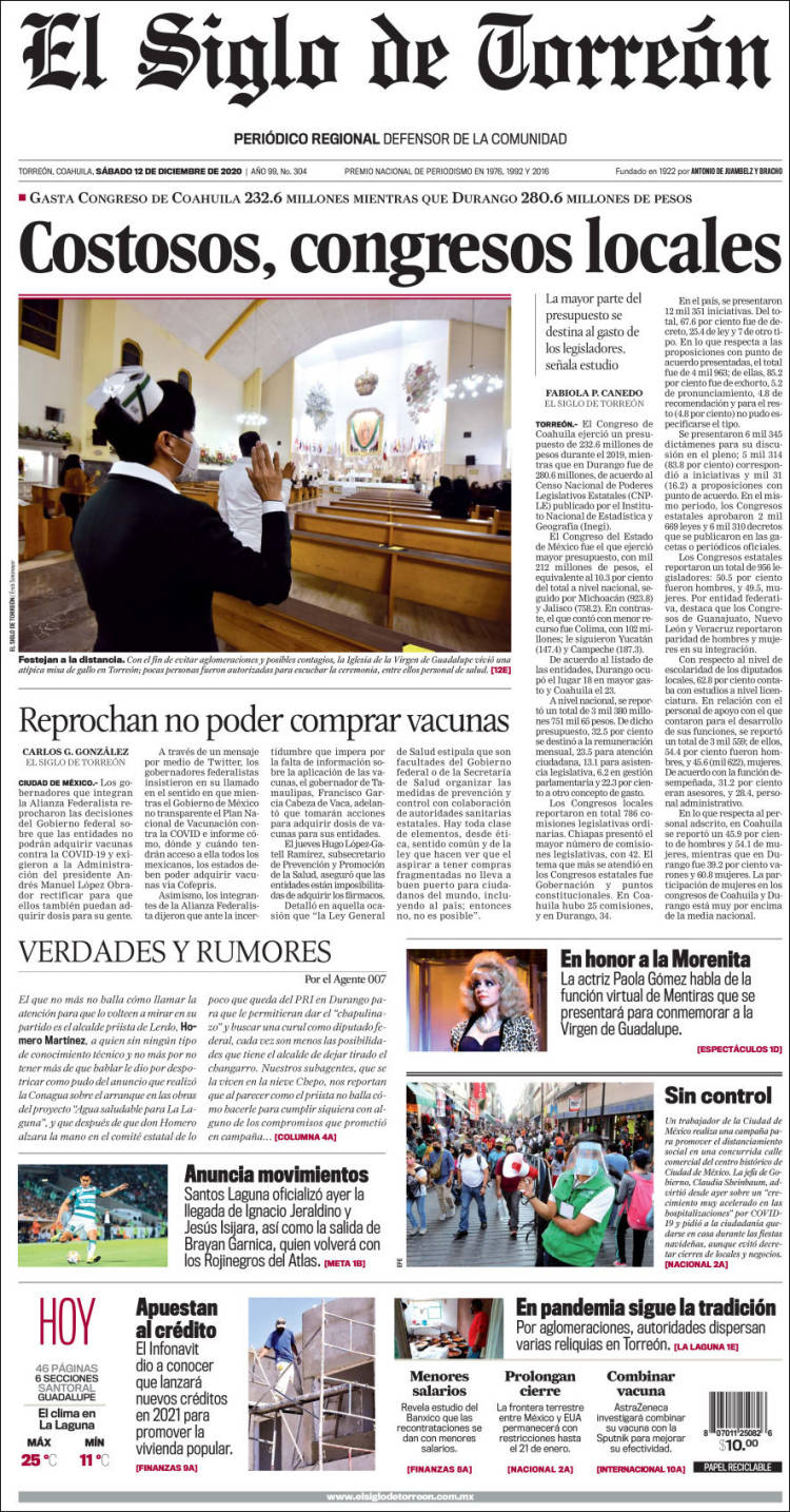 Portada de El Siglo de Torreon (México)