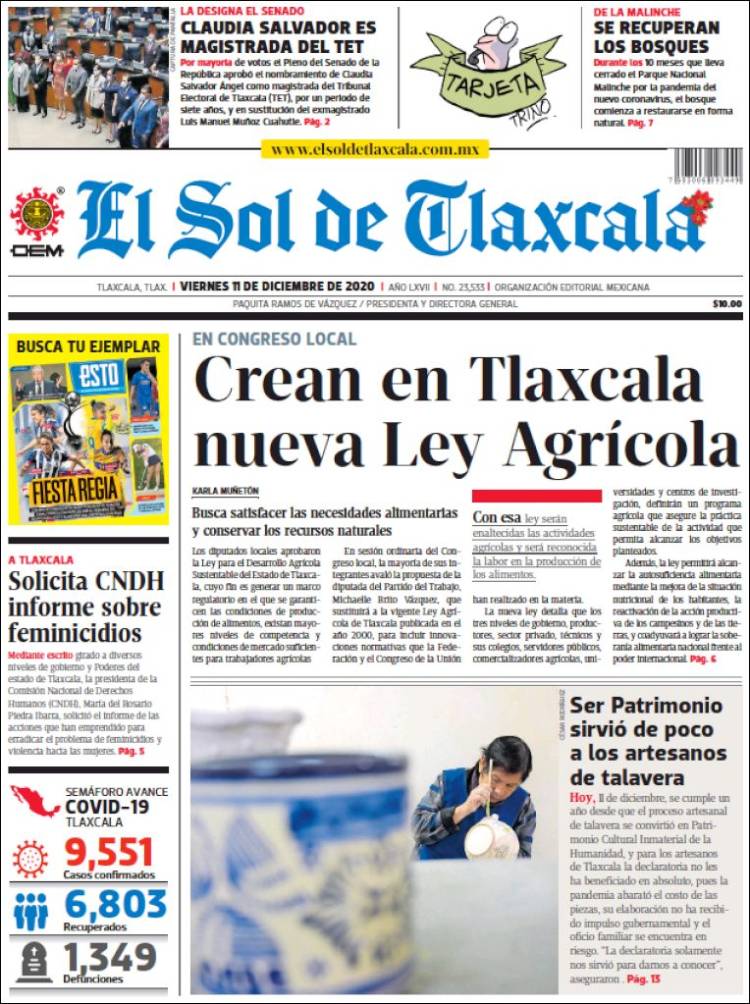 Portada de El Sol de Tlaxcala (México)