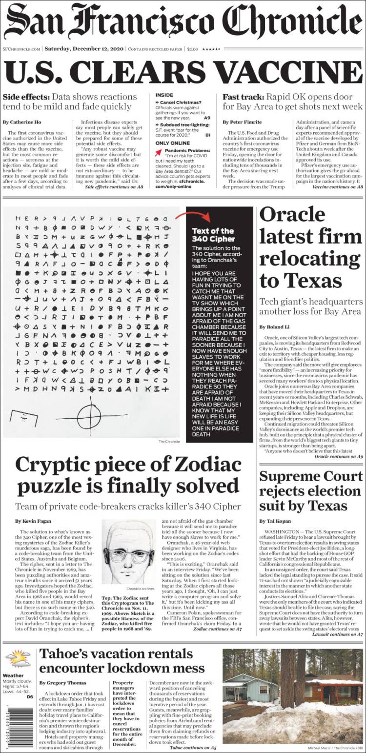 Portada de San Francisco Chronicle (USA)