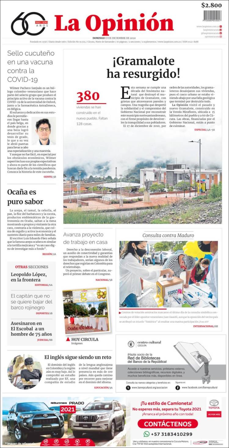 Portada de Diario La Opinion (Colombia)