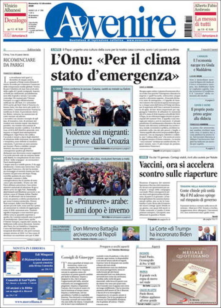 Portada de Avvenire (Italia)