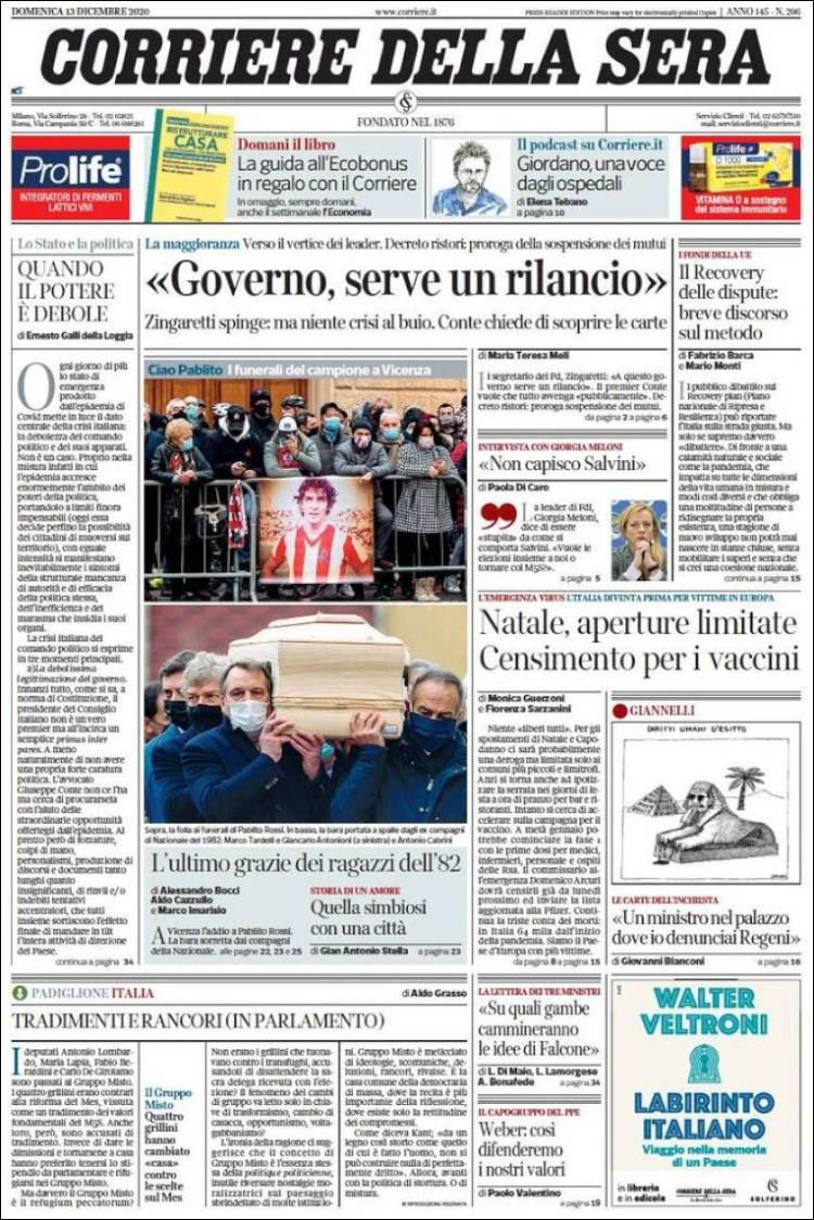 Portada de Corriere della Sera (Italia)