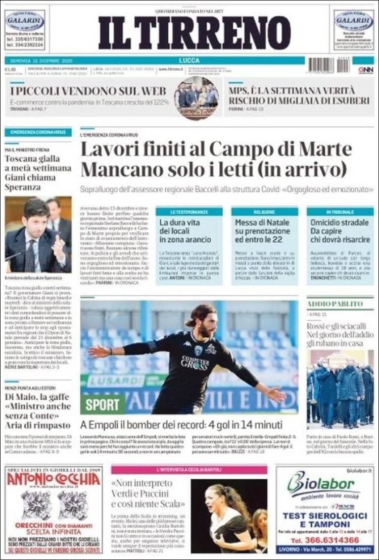 Portada de Il Tirreno (Italia)