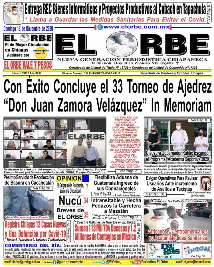 Periódico El Orbe (México). Periódicos de México. Edición de domingo, 13 de  diciembre de 2020. 