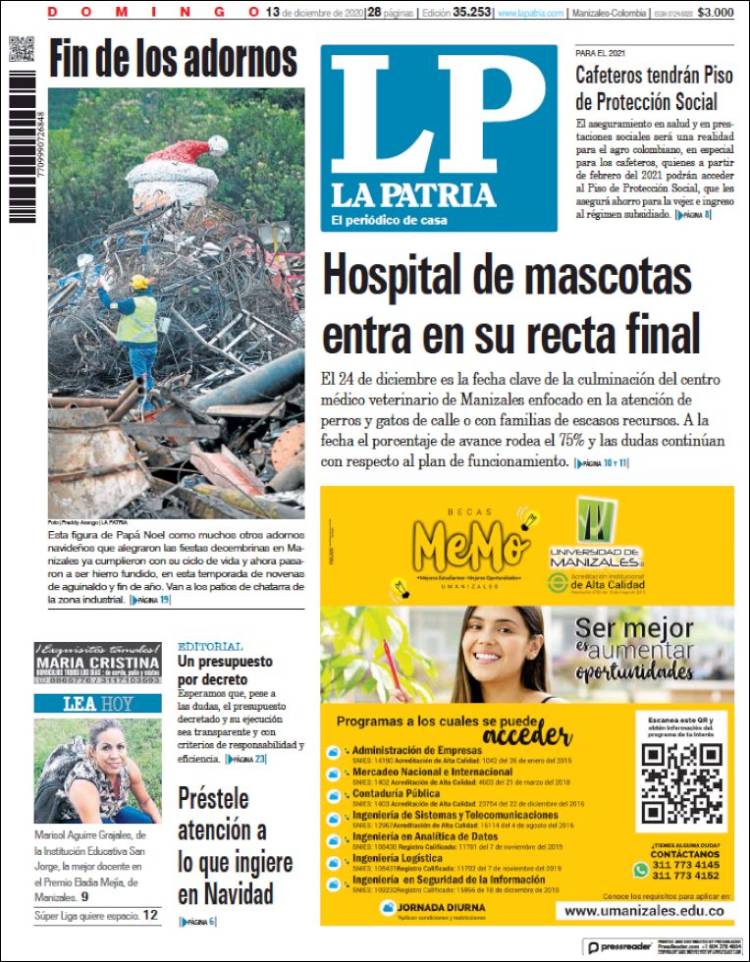 Portada de La Patria (Colombia)