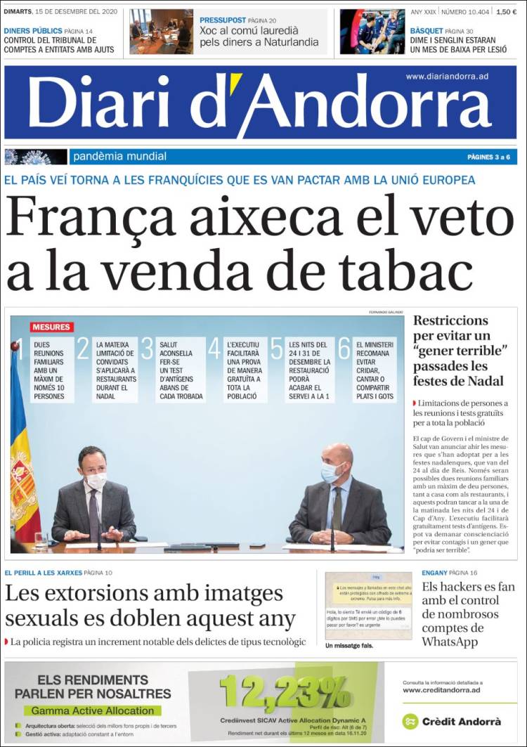 Portada de Diari d’Andorra (Andorre)