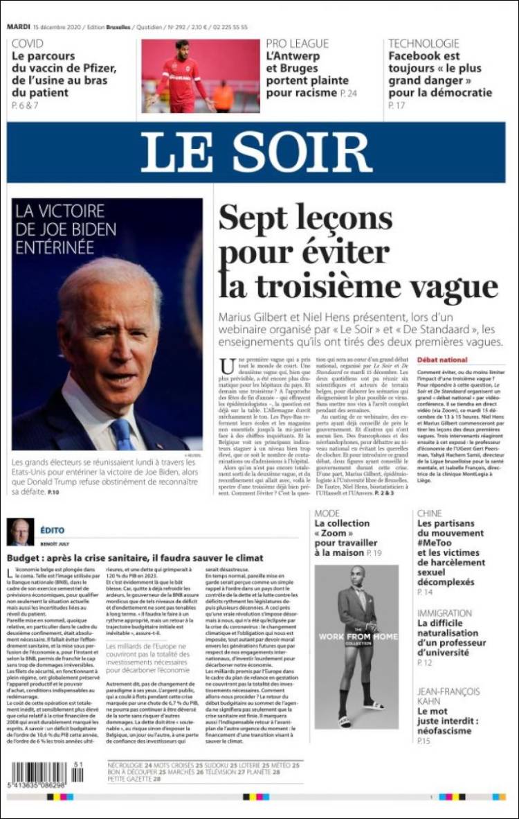 Portada de Le Soir (B&eacute;lgica)