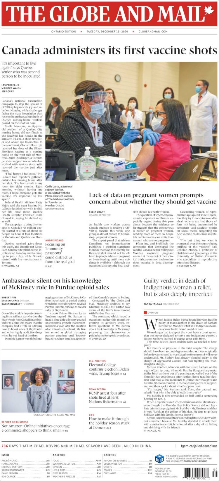 Portada de The Globe and Mail (Canadá)