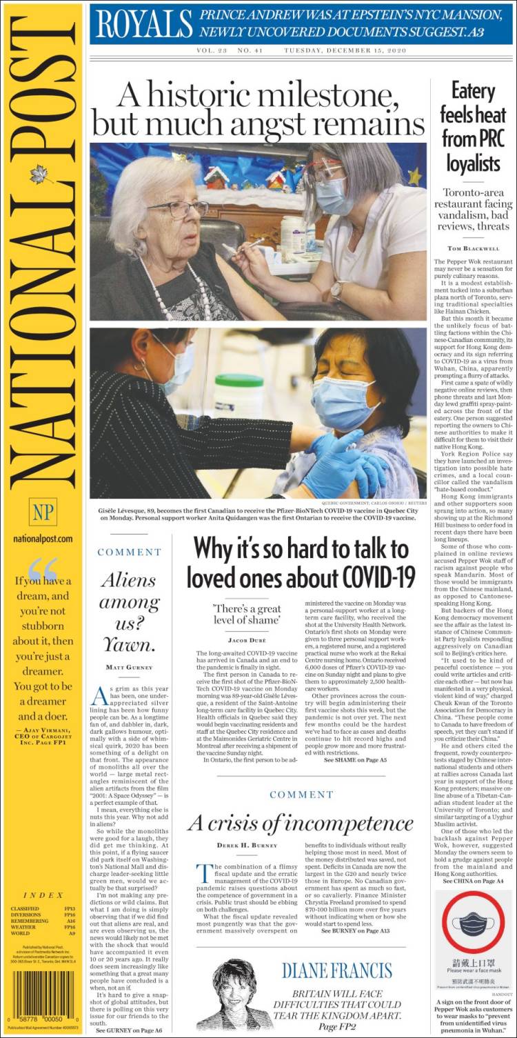 Portada de The National Post (Canadá)
