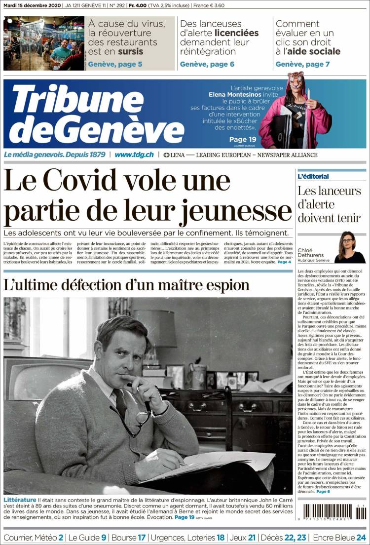 Portada de La Tribune de Genève (Suiza)