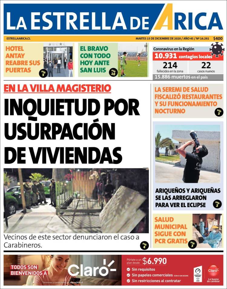 Portada de La Estrella de Arica (Chile)