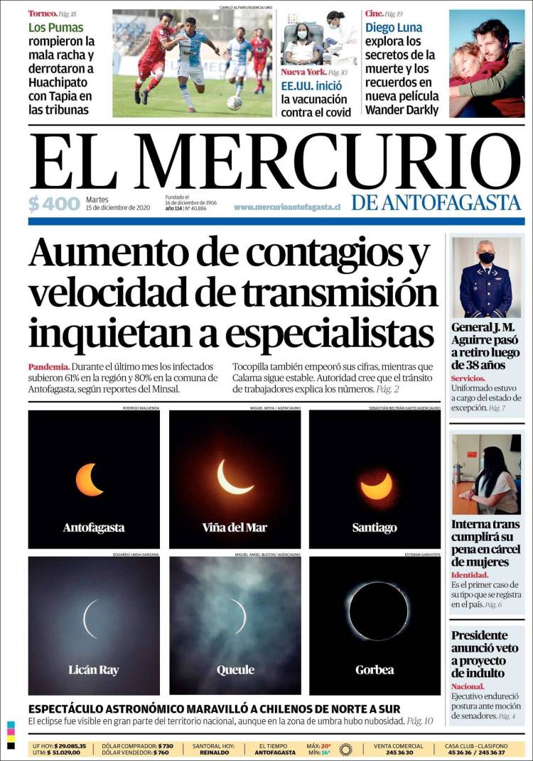 Portada de El Mercurio de Antofagasta (Chile)
