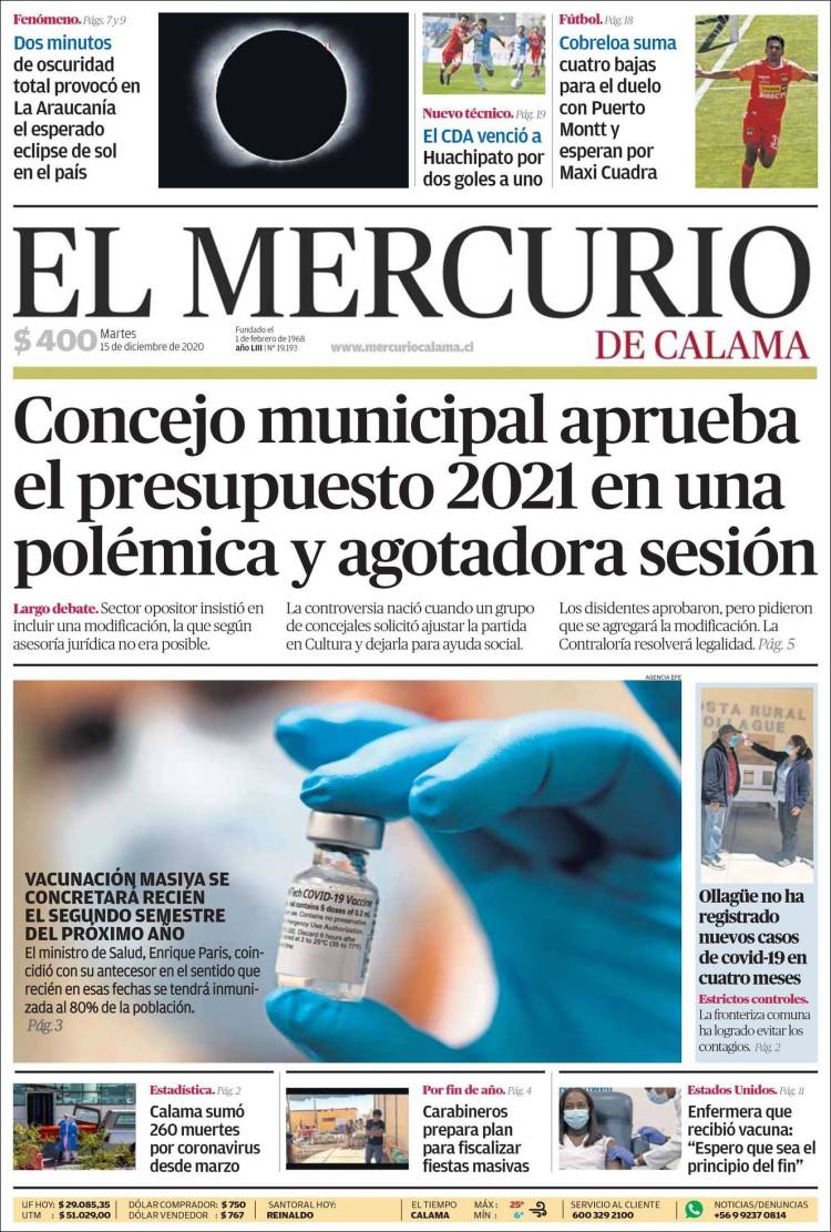 Portada de El Mercurio - Calama (Chile)