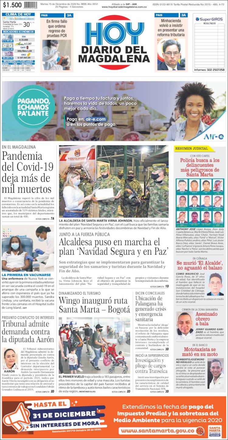 Portada de Hoy Diario del Magdalena (Colombia)