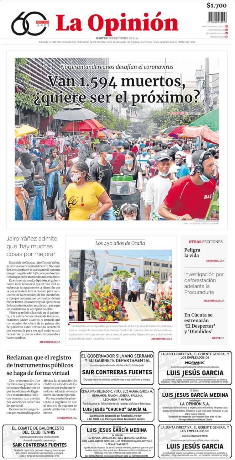 Portada de Diario La Opinion (Colombia)