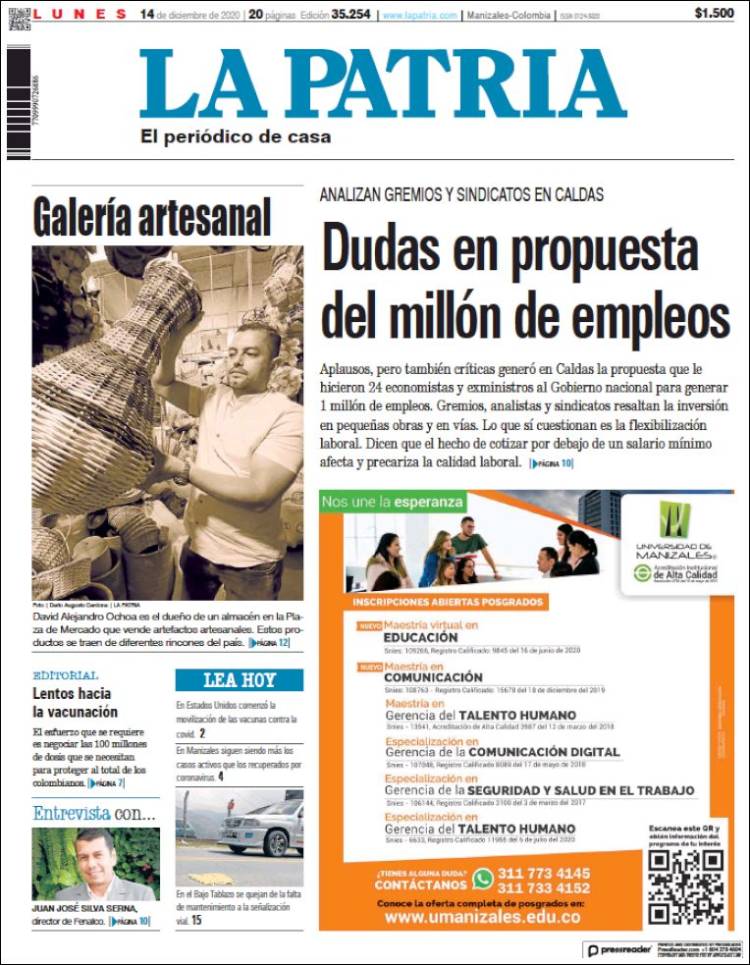 Portada de La Patria (Colombia)