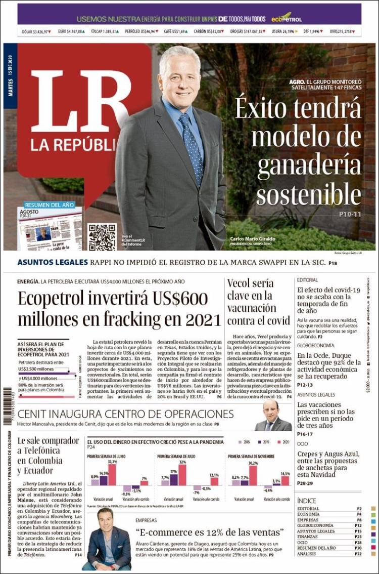 Portada de La Republica (Colombia)