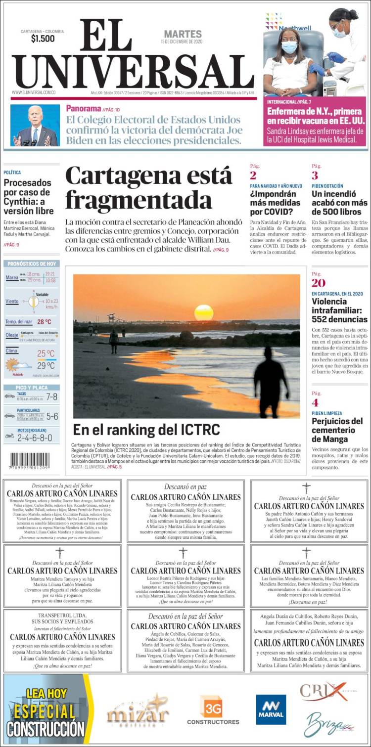 Portada de El Universal (Colombia)