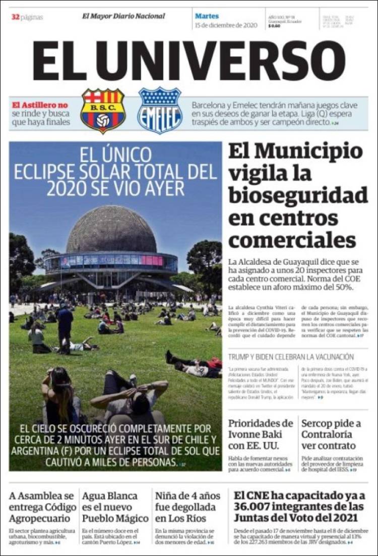 Portada de El Universo - Ecuador (Ecuador)
