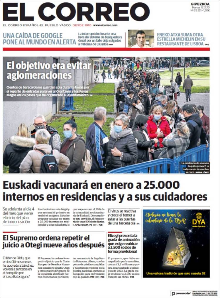 Portada de El Correo - Guipuzcoa (Espa&ntilde;a)