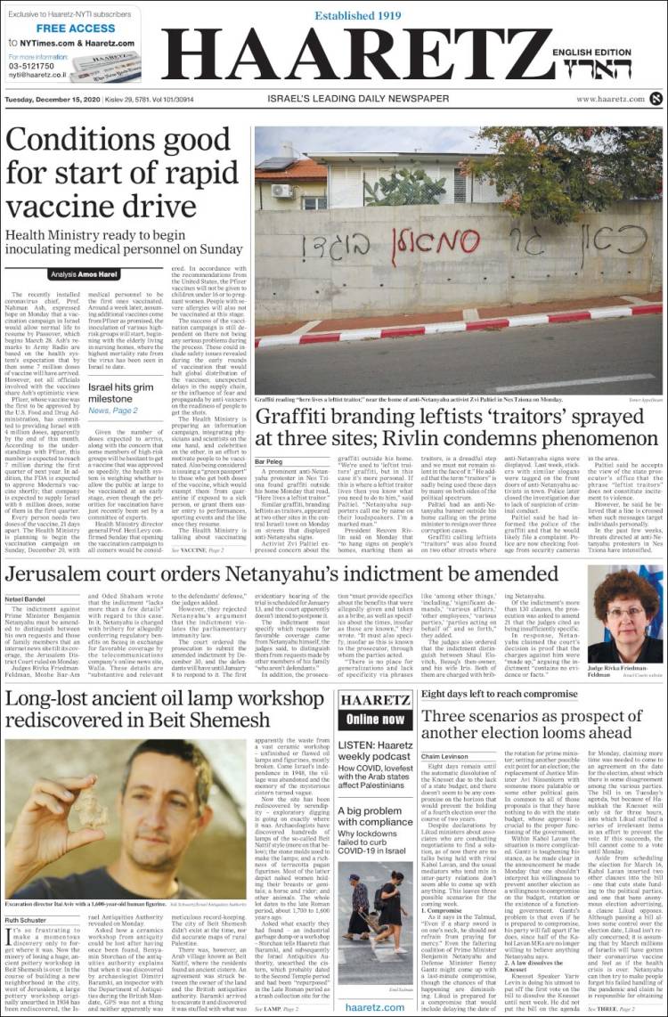 Portada de Haaretz (Israel)