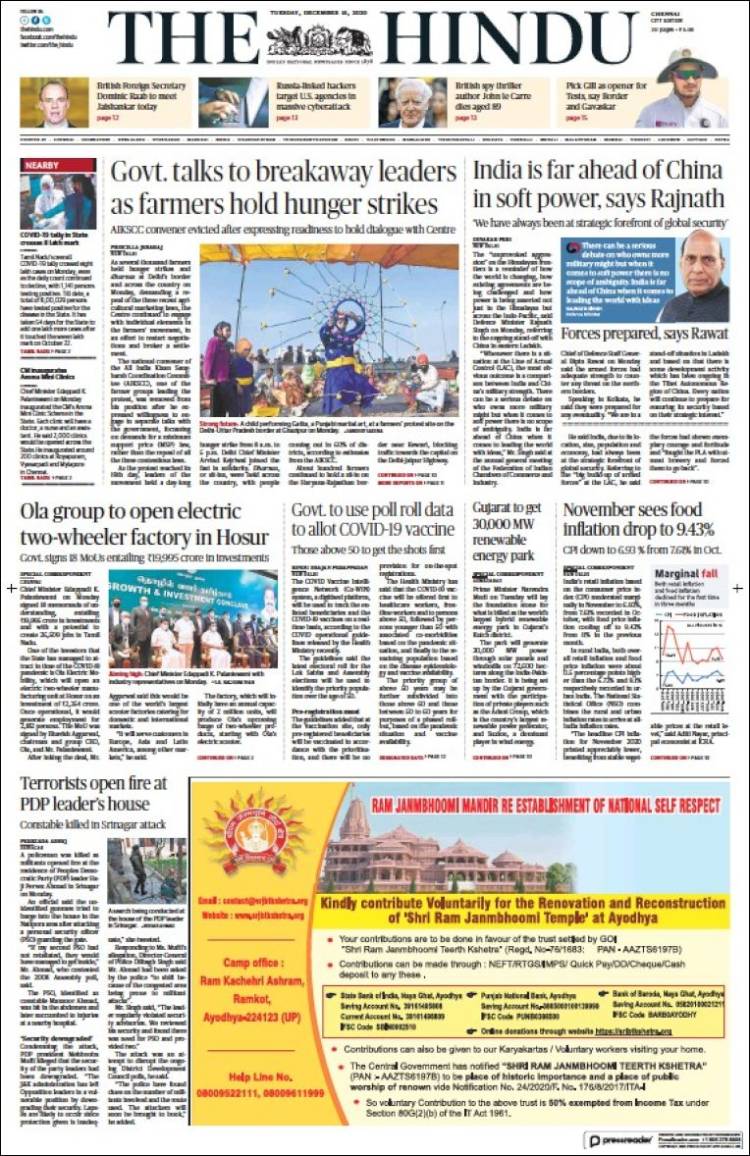 Portada de The Hindu (India)