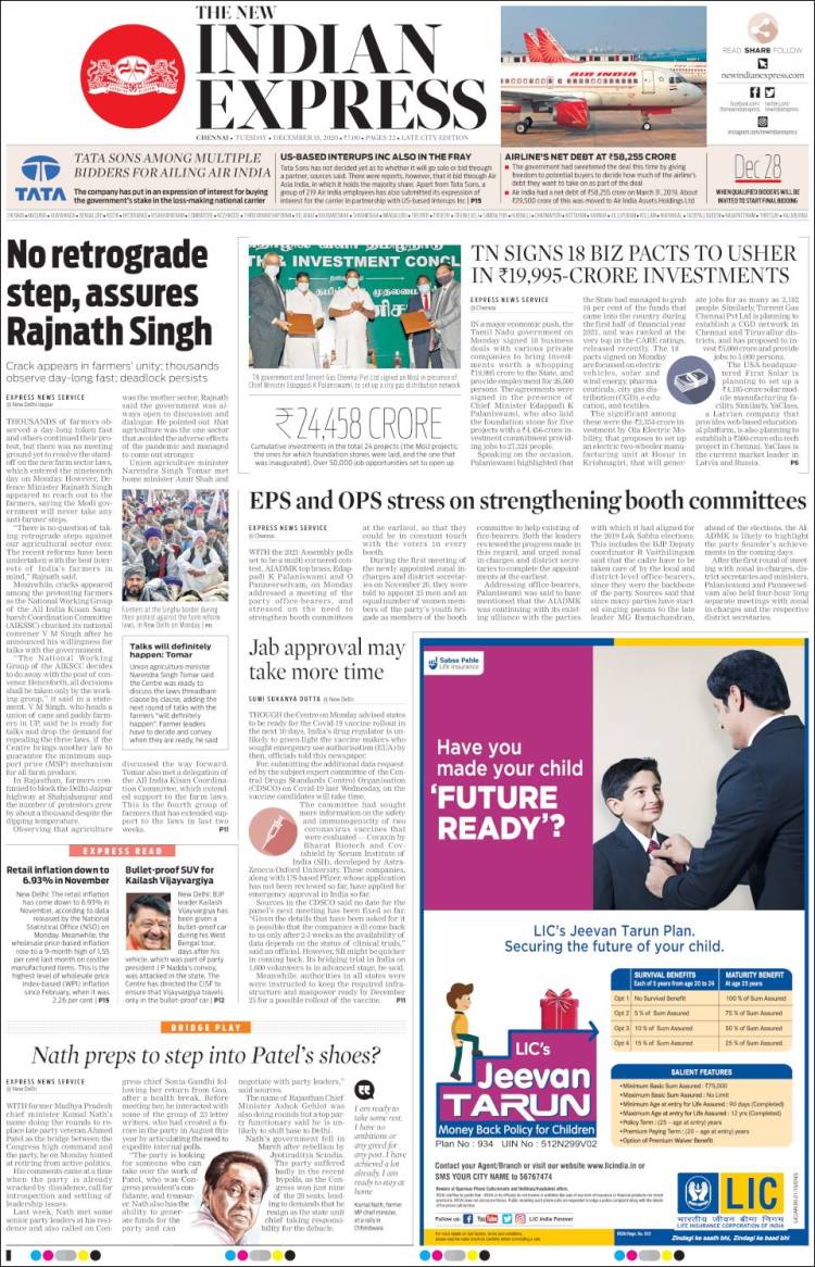 Portada de New Indian Express (India)