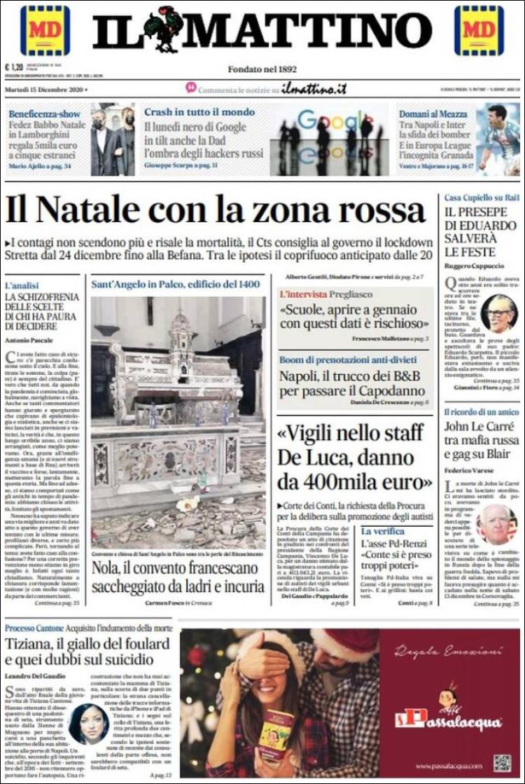 Portada de Il Mattino (Italia)