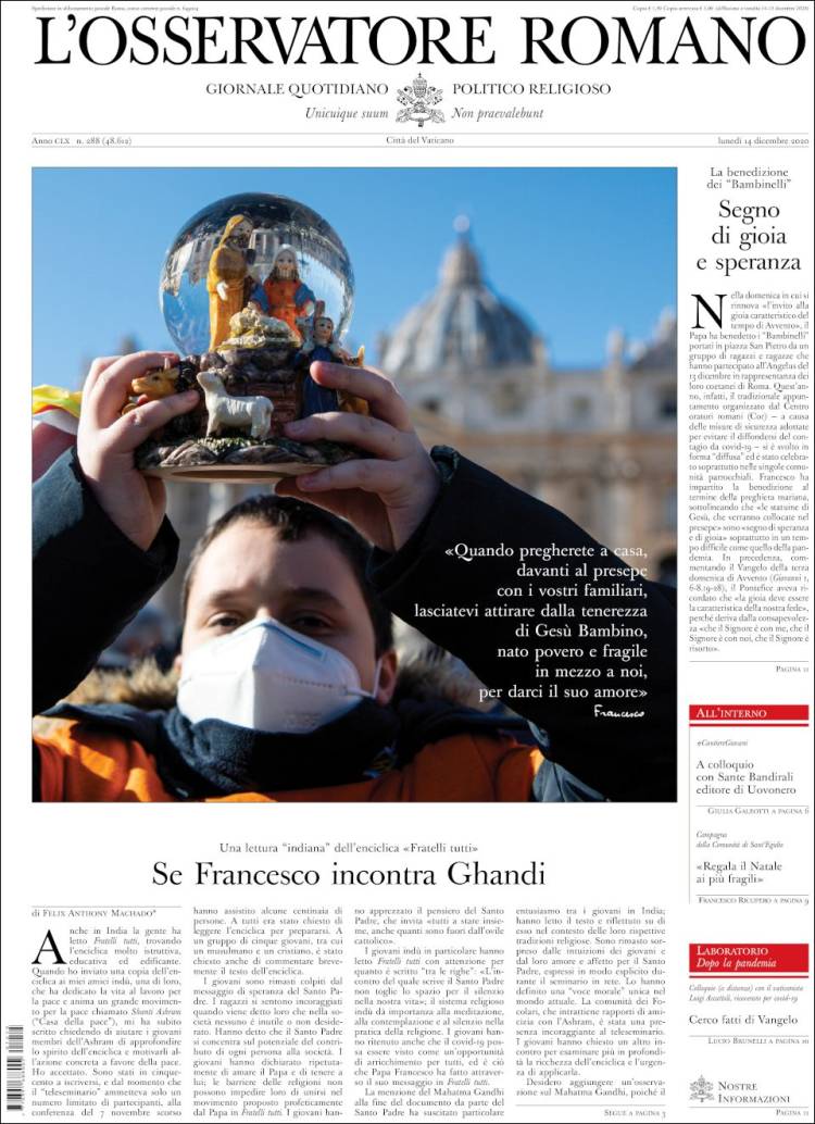 Portada de L'Osservatore Romano (Italia)