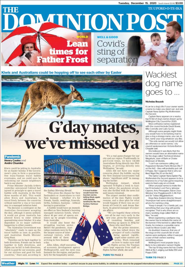 Portada de The Dominion Post (Nueva Zelanda)