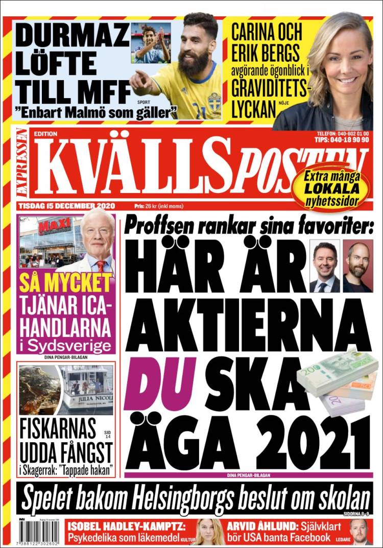 Portada de Kvällsposten (Suecia)