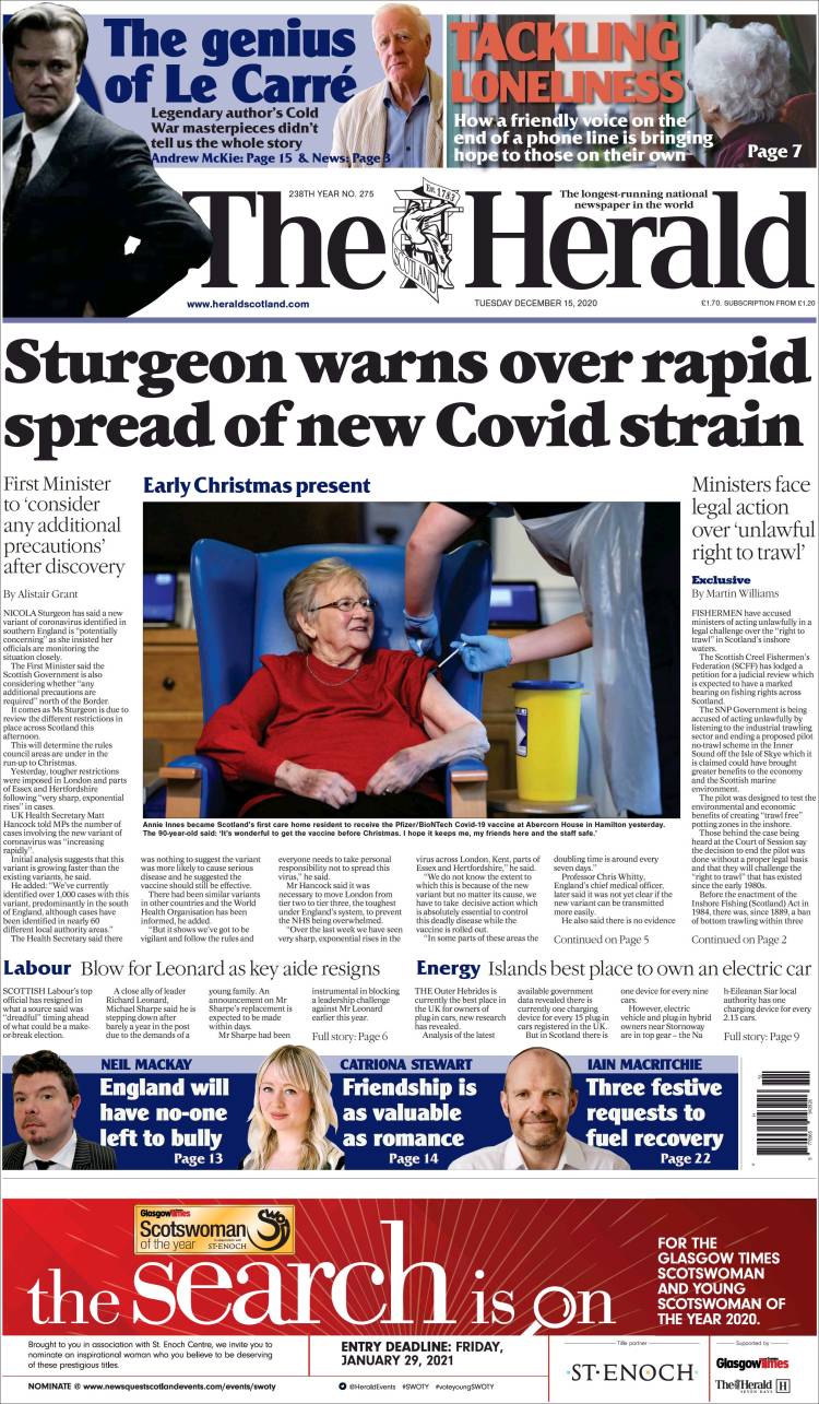 Portada de The Herald (Reino Unido)