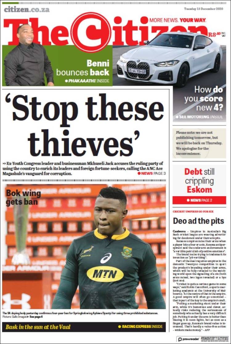 Portada de The Citizen (Sud&aacute;frica)