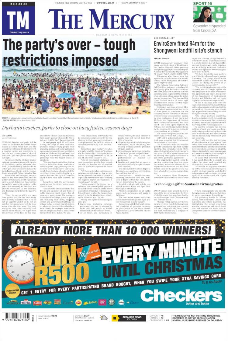 Portada de The Mercury (Sud&aacute;frica)