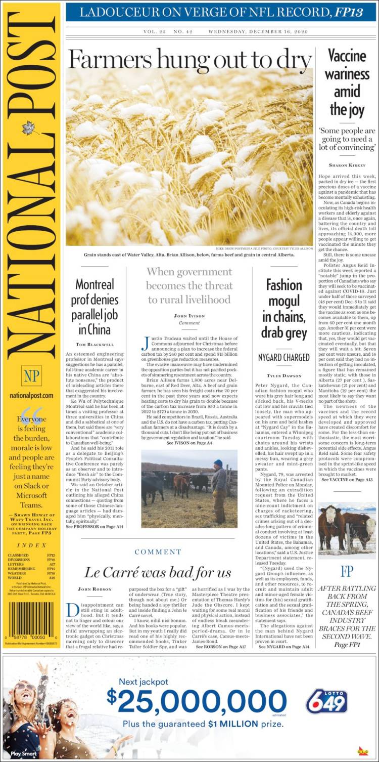 Portada de The National Post (Canadá)