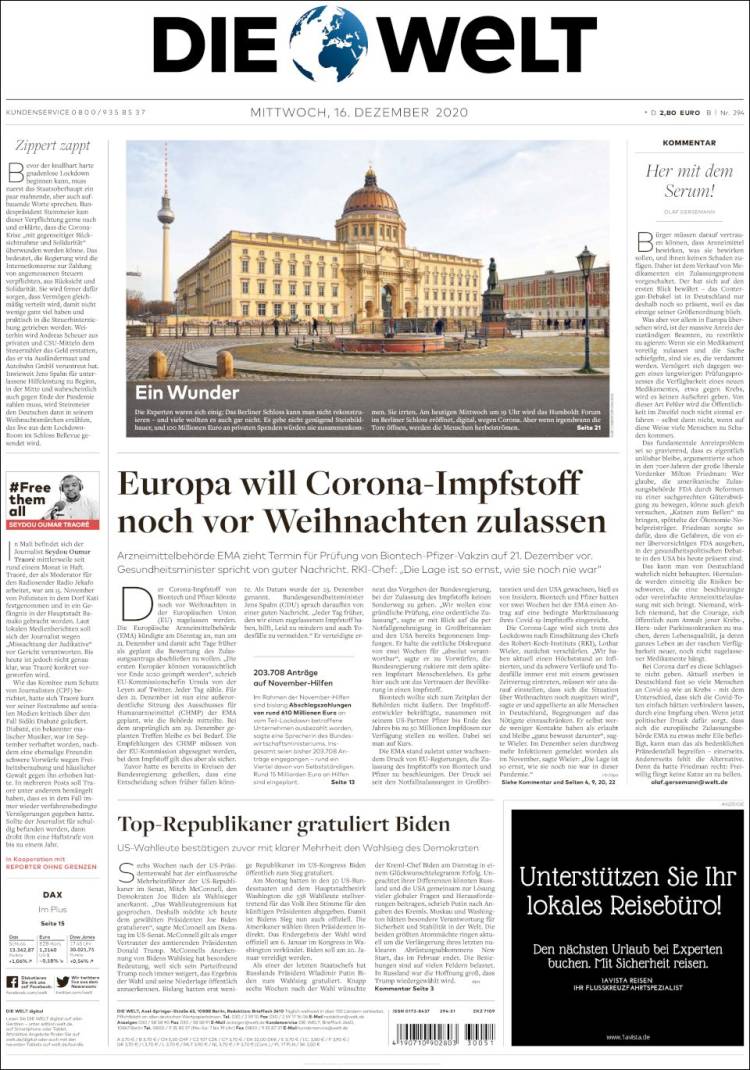 Portada de Die Welt (Alemania)