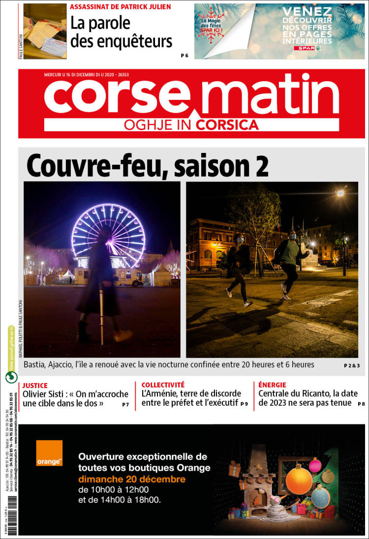 Portada de Corse-Matin (Francia)