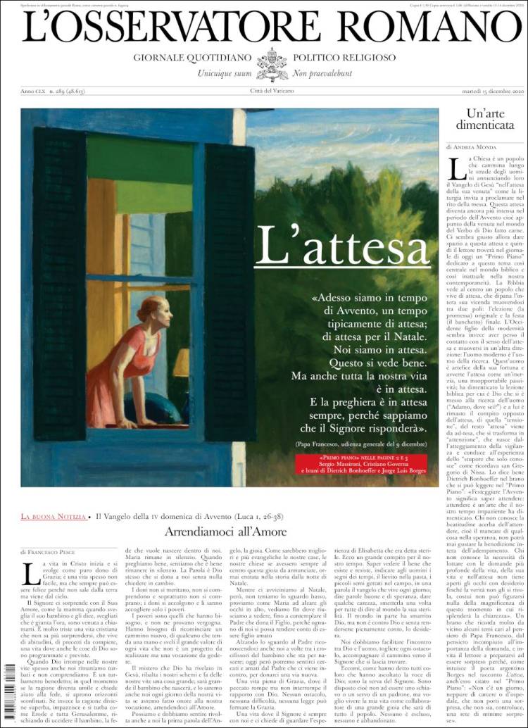 Portada de L'Osservatore Romano (Italia)