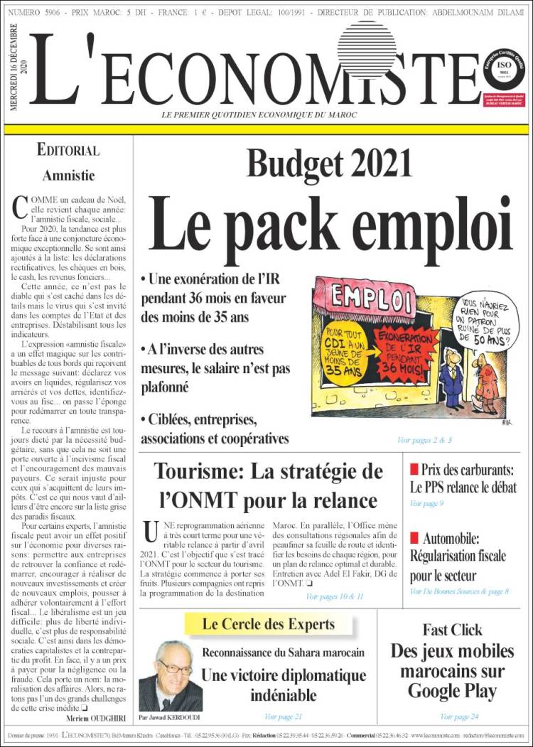Portada de L'Economiste (Marruecos)