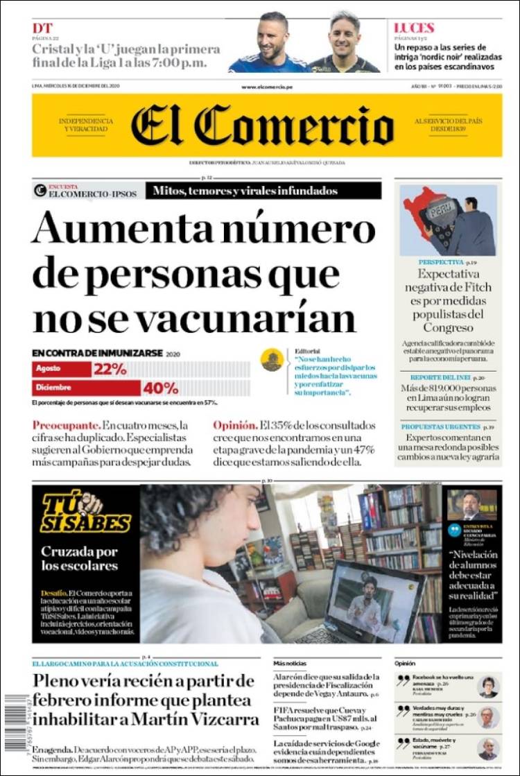Portada de El Comercio (Per&uacute;)