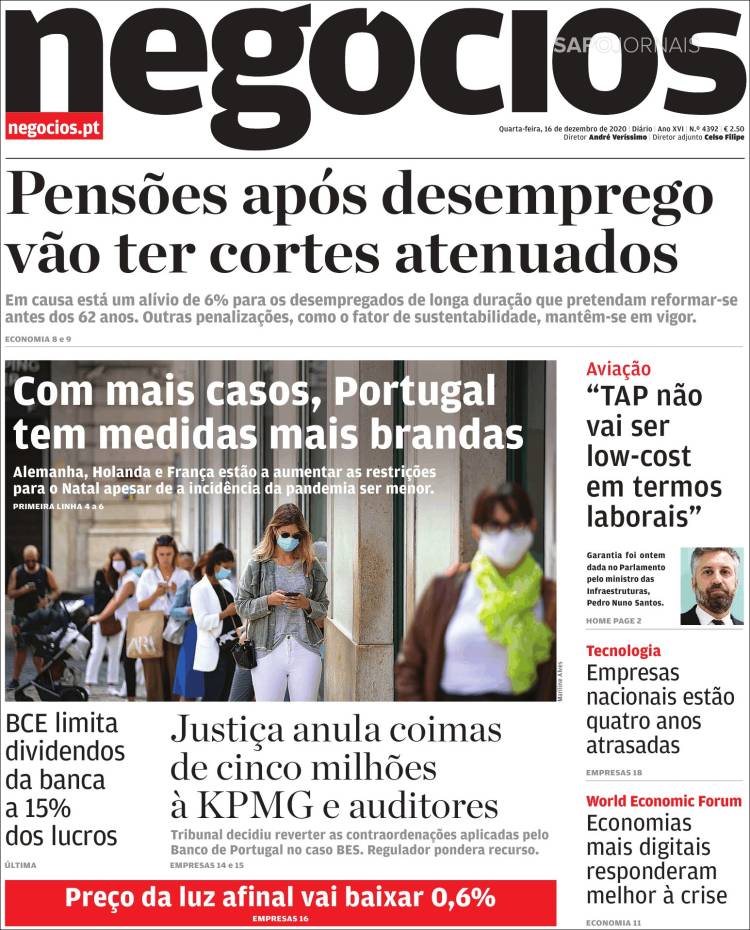 Portada de Jornal de Negócios (Portugal)
