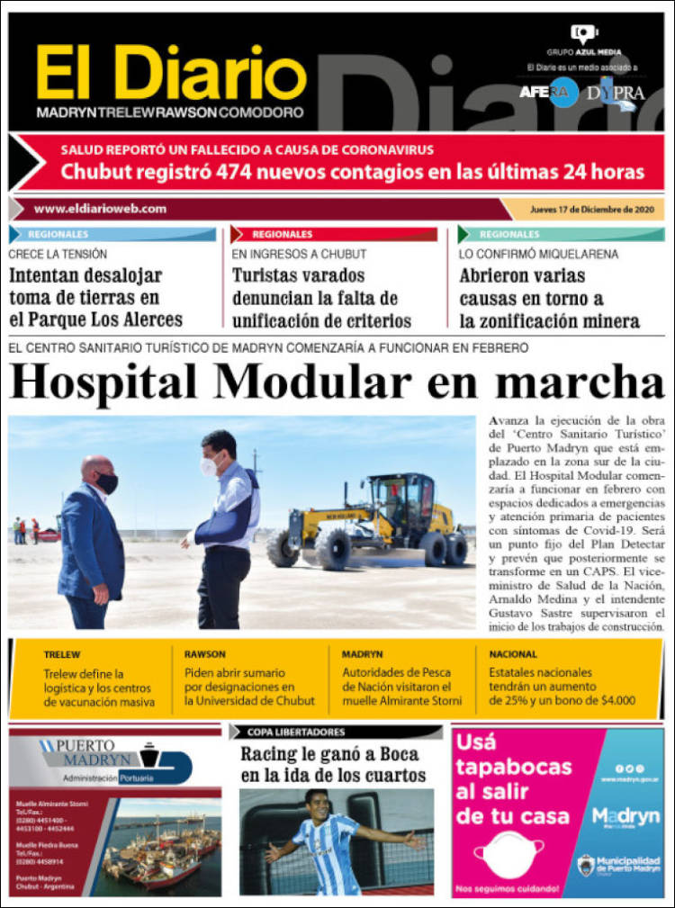 Portada de El Diario de Madryn (Argentina)