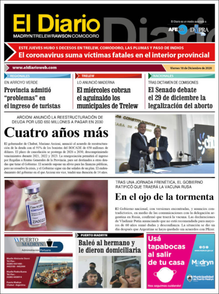 Portada de El Diario de Madryn (Argentina)